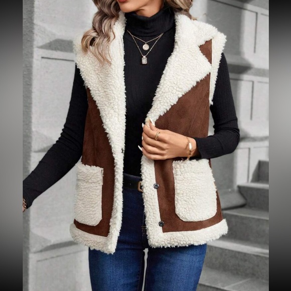 Boho color block lapel collar pockets sleeveless teddy jacket - Picture 2 of 6